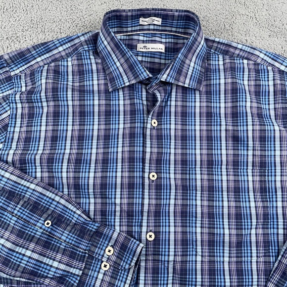 Peter Millar Shirt Mens Large Blue Purple Plaid Button Down Performance Stretch - Picture 1 of 10